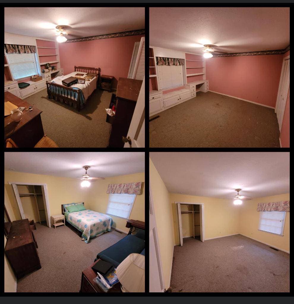 Four-panel before and after collage showing two bedrooms cleared from furnished, cluttered spaces into empty move-out ready rooms.